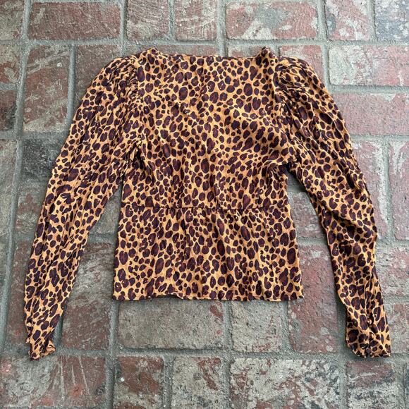MNG Mango Leopard Animal Print Blouse Size M Brown Long Sleeve Bow/Tie Neck - Picture 4 of 4